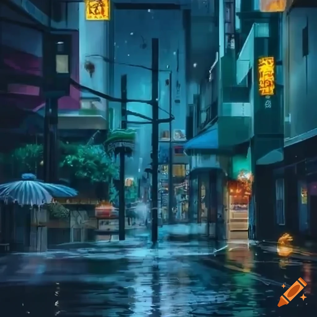 Rainy season ikebukuro anime scene on Craiyon