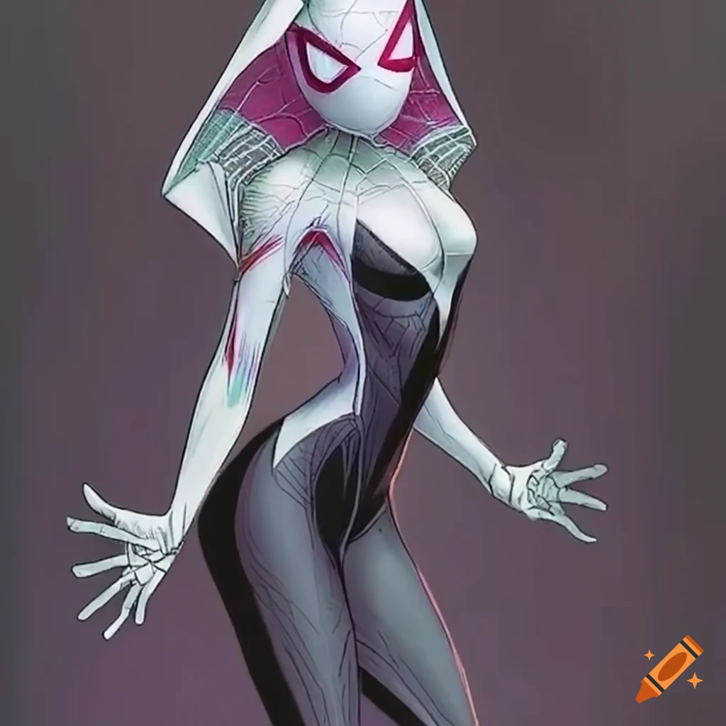 Spider-gwen's appearance is notable for her black and white spandex suit,  which features a hood that covers her head and half of her face, leaving  only her bright pink lips visible. her