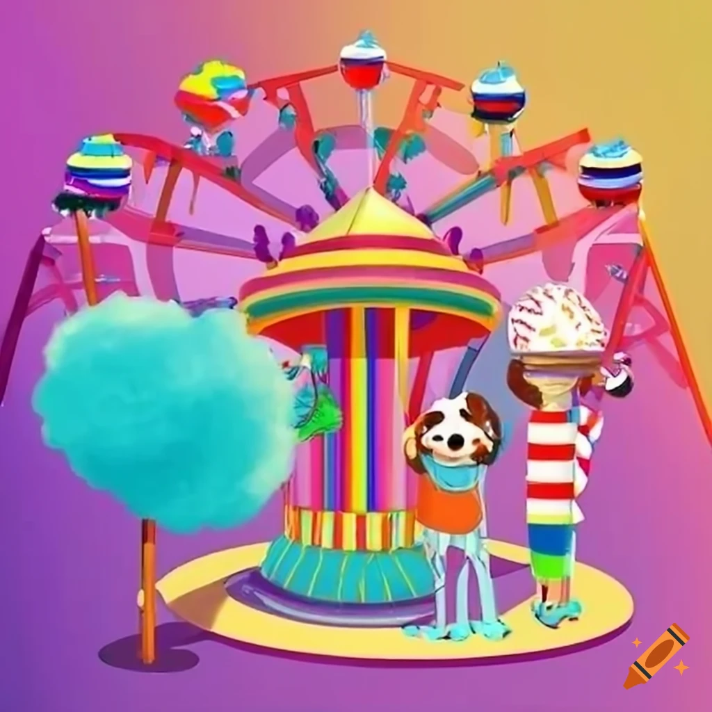 A whimsical amusement park on a sunny day, with cotton candy and ice ...