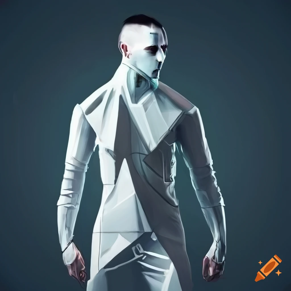 Concept art of man in a fashionable futuristic white jumpsuit