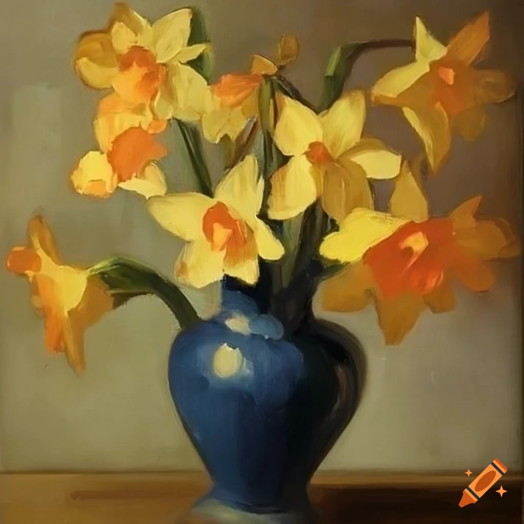 A still life oil painting of a vase with daffodils