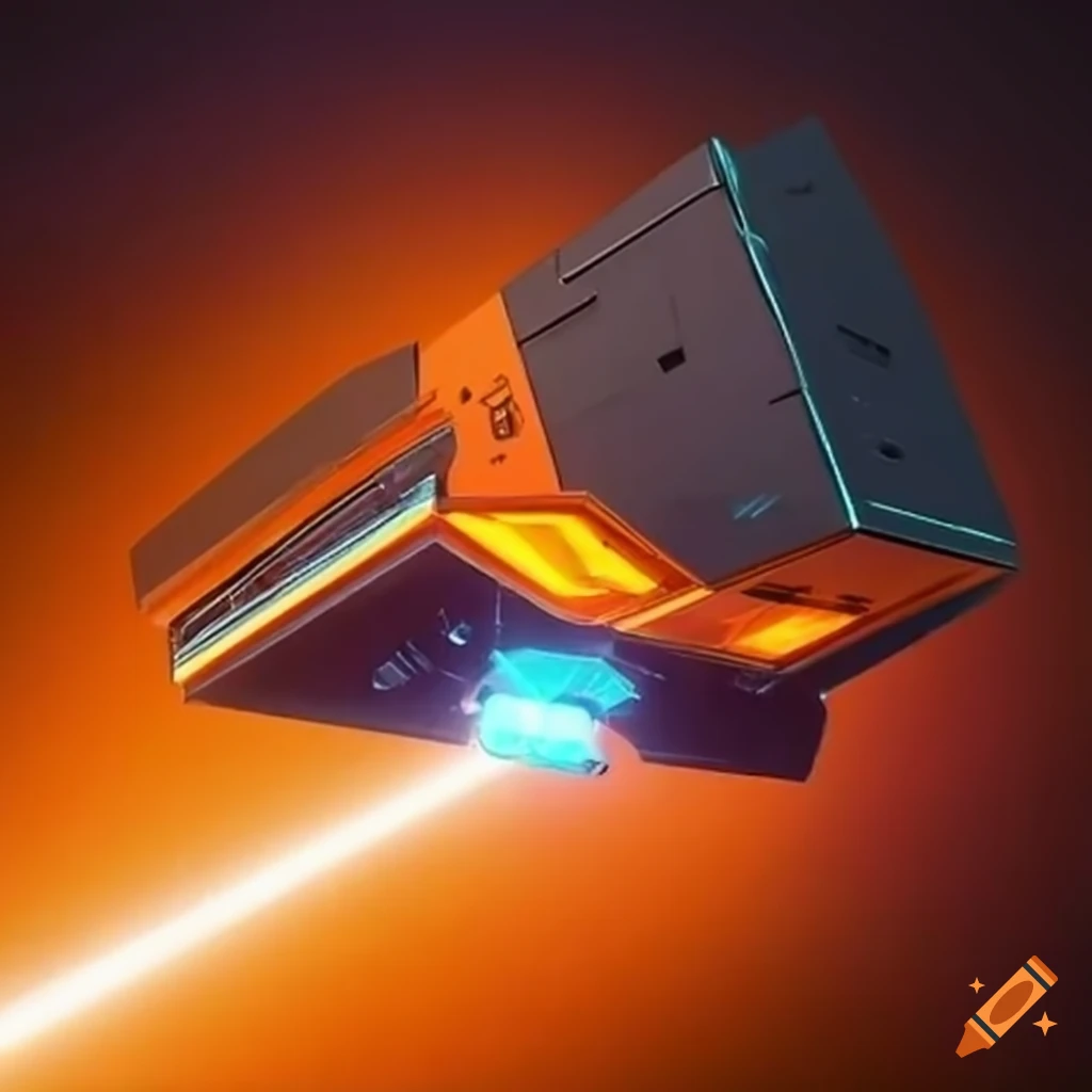 A futuristic box spaceship with orange detailing in space