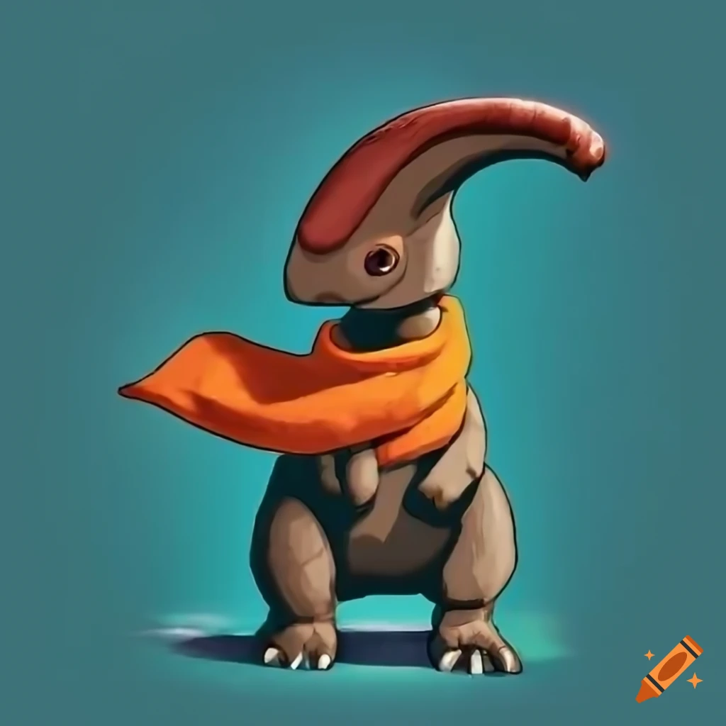 a Brown Baby Parasaurolophus standing on feet and wearing a Orange Scarf and a Dark Teal Sweater, his name is Polk, Photoealistic, 4K, HD