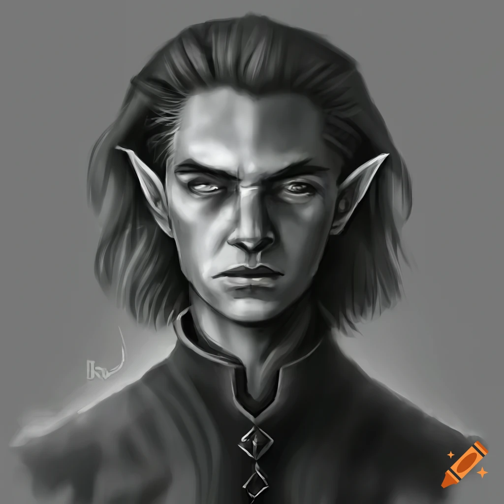 Black/white/grey realistic digital drawing portrait half-elf male ...