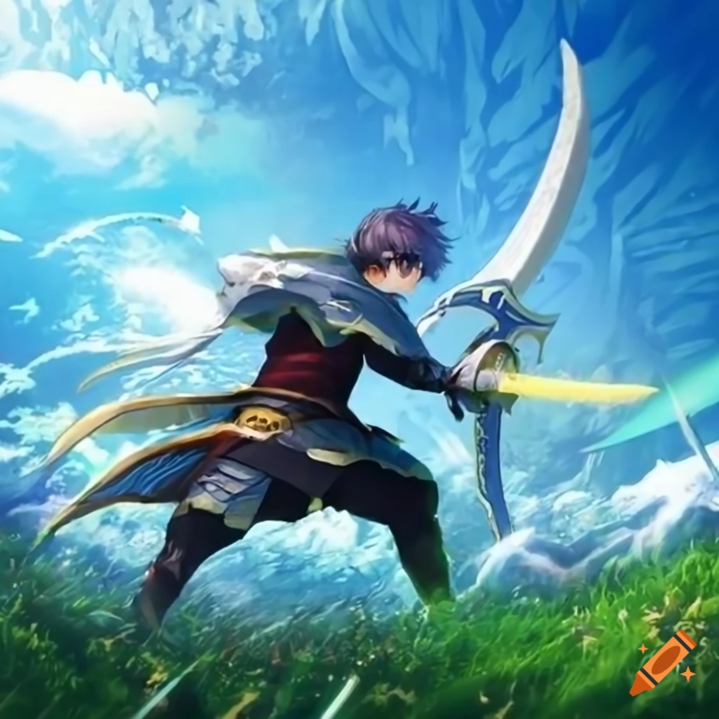 Isekai anime cover, multiples characters, anime, pixiv, fantasy, mangá  cover, cover, splash art, colorfull, grass, blue sky, clouds, epic, armor,  medieval clothes, sword, isekai style, fantasy scenery, mushoku tensei  style, anime coloring,