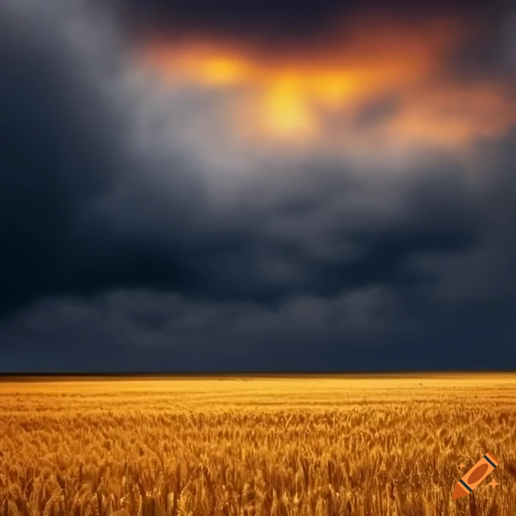 Dark clouds over a field of golden wheat at noon on Craiyon