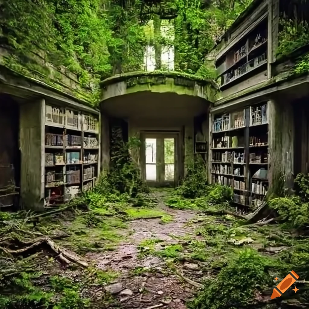 An abandoned library in a forest with overgrown trees on Craiyon