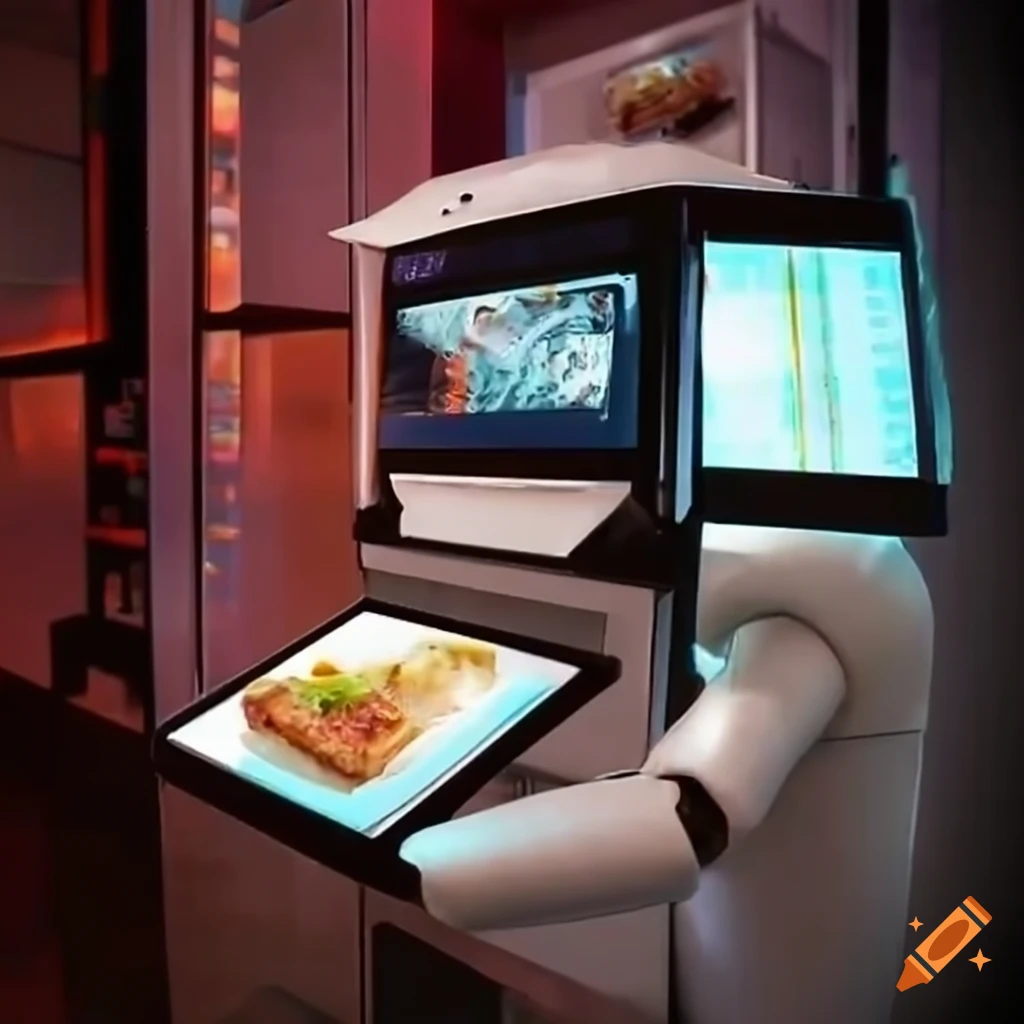 Futuristic fast food restaurant, hologram ordering, digital kiosk