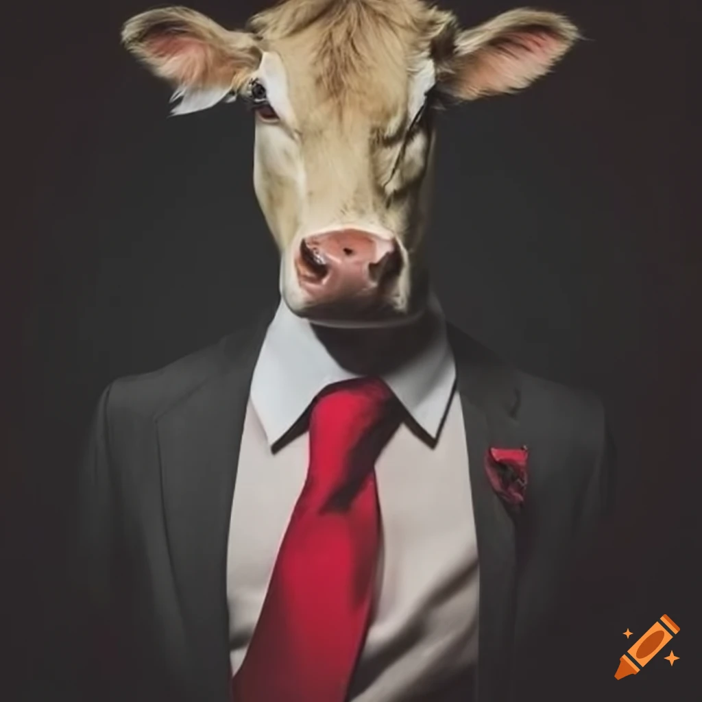 Cow Yeah Blonde cow wearing suit black red tie dark background real