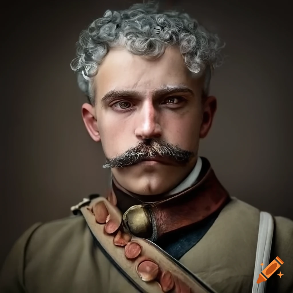 photo portait face victorian soldier, stubble on his chin, short curly gray hair
