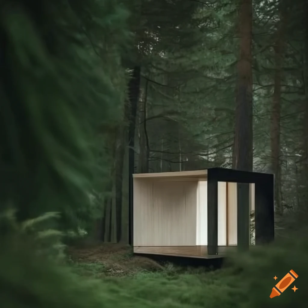 Render de una cabaña minimalista en medio del bosque con niebla
