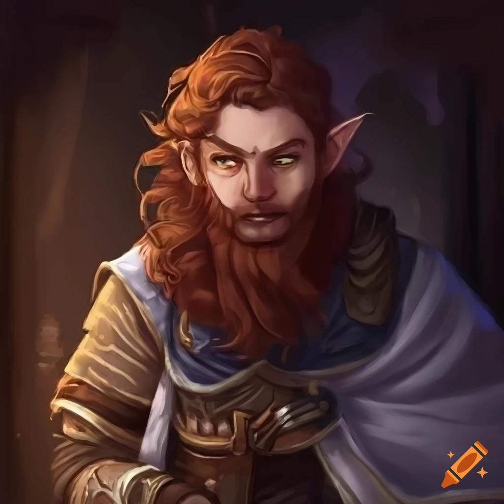 D&D character, character art, commission, character, handsome, detailed, stunning, dark long hair, lightfoot halfling, happy, dark long beard, cinematic, monocle, brown skin, cleric, wearing bright white cloak