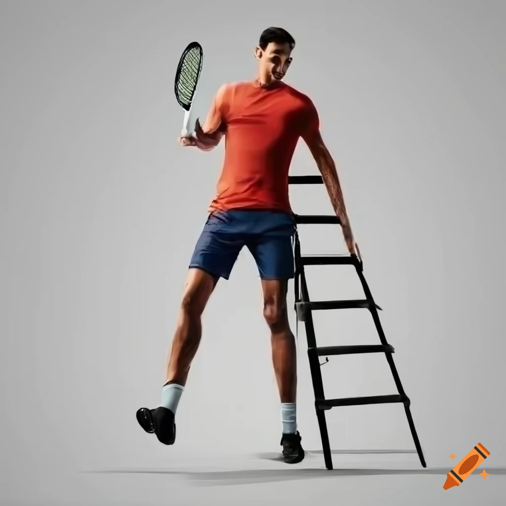 Sportsman standing on a straight ladder holding a tennis racket on Craiyon