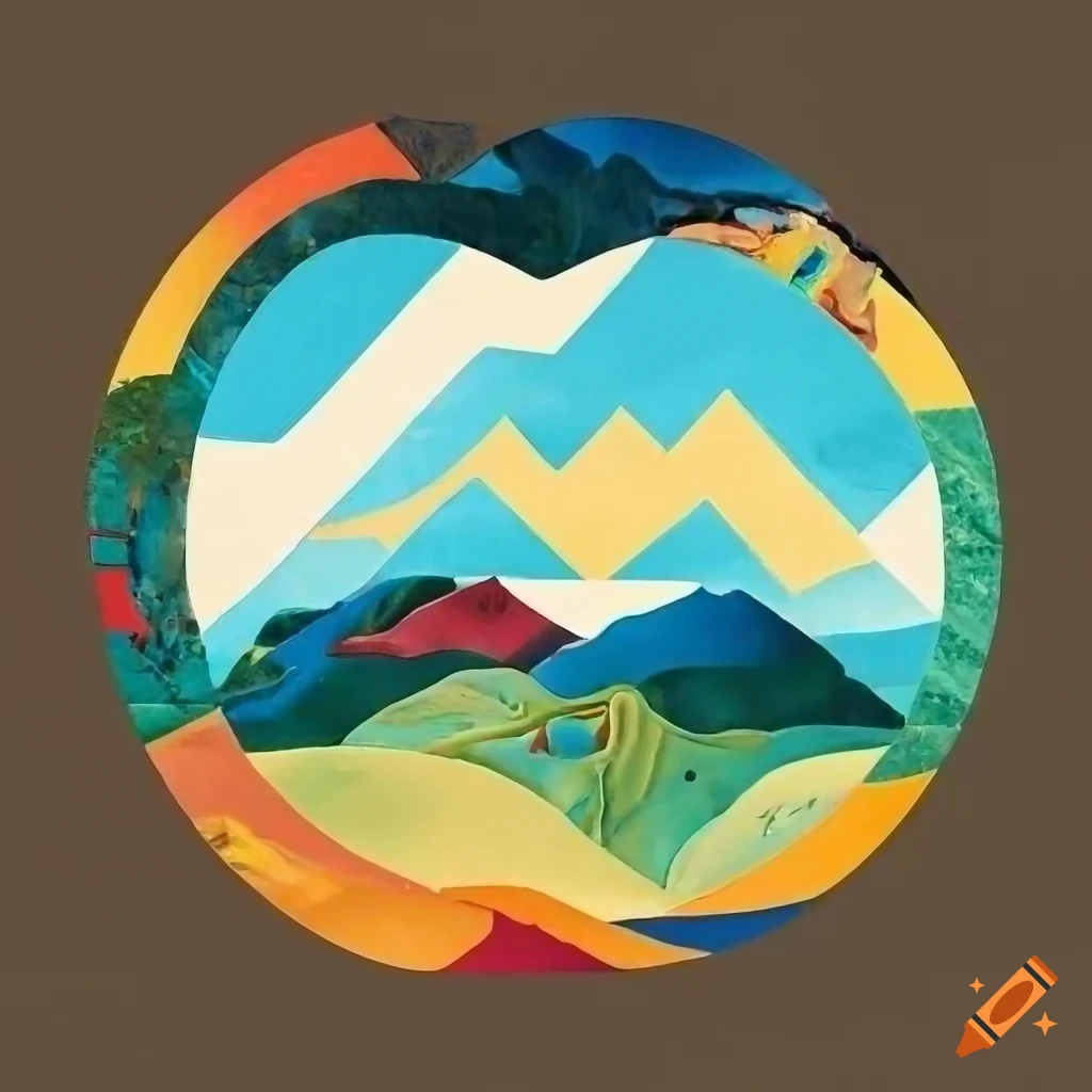 A mountain landscape made with mid-century modern collage, made of