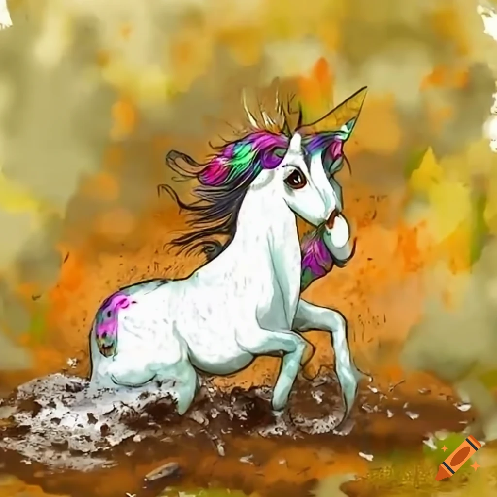 a muddy white unicorn colt sinking in a muddy peat bog