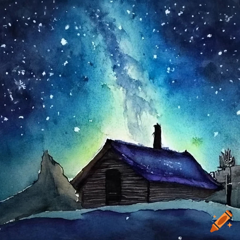 An hut under starry sky, watercolor by T.W.Schaller on Craiyon