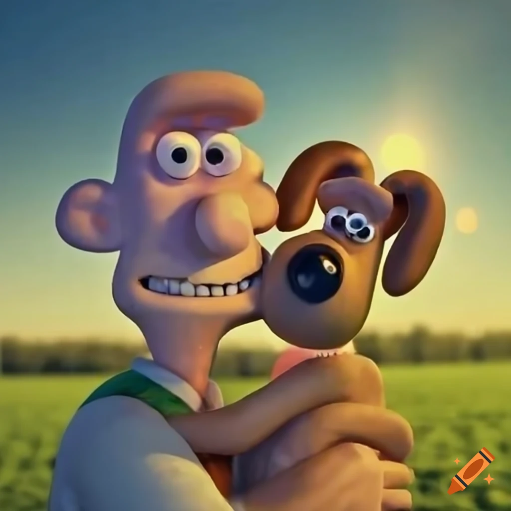 Wallace and gromit hugging in a green field with the sun shining at