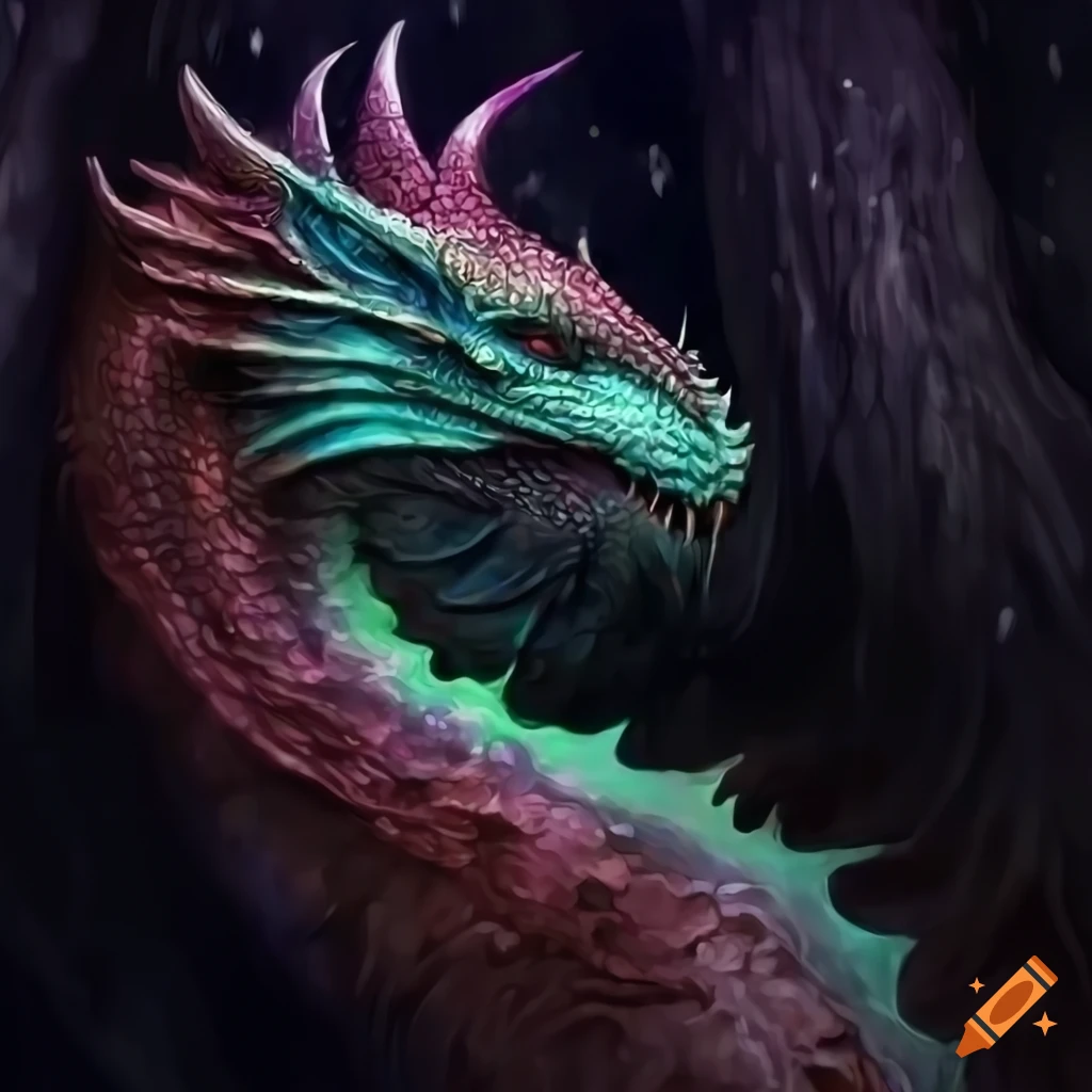 Hyper realistic, beautiful majestic dragon in a forest full of hues of ...
