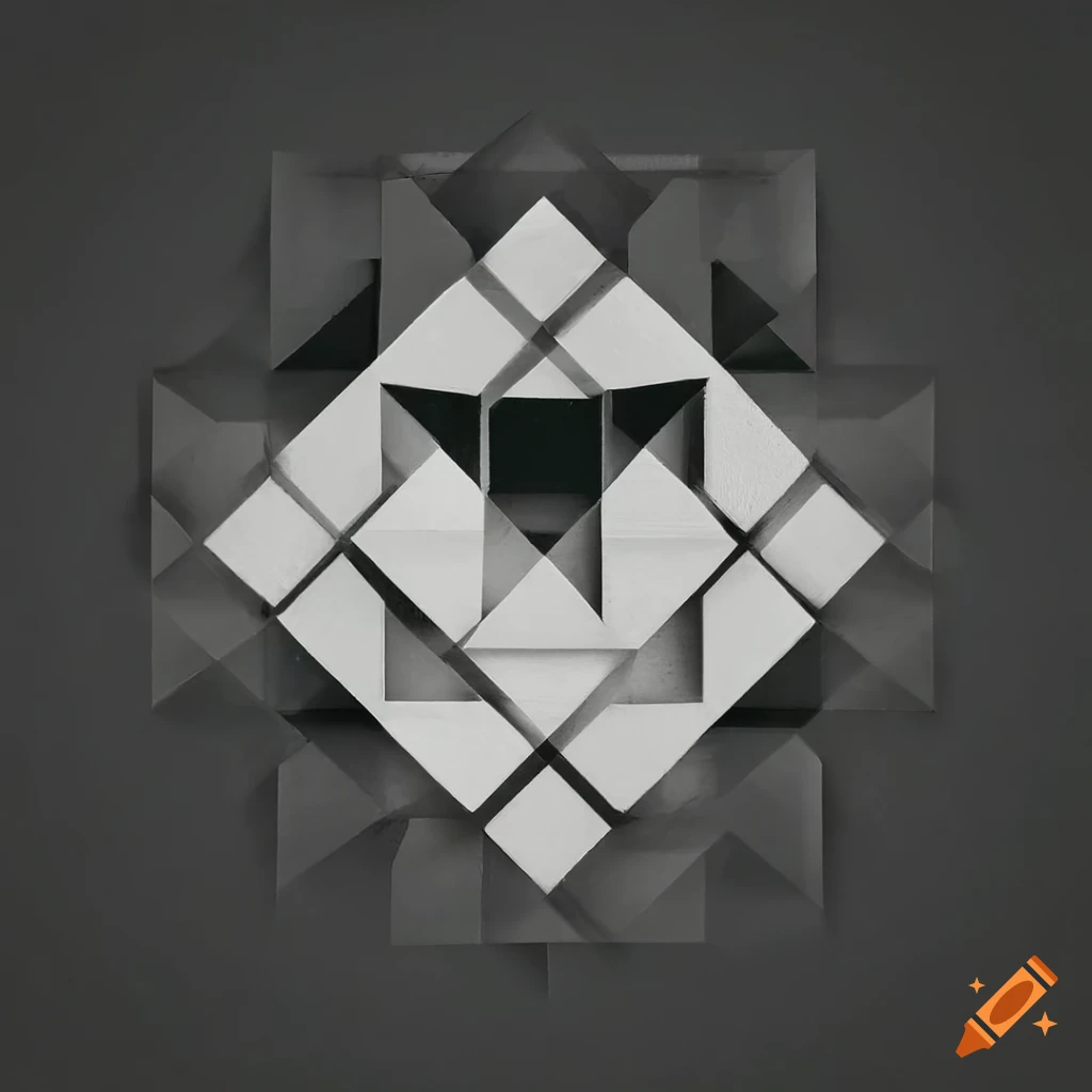 Monochrome abstract art using symmetrical squares and triangles with one asymmetrical  block on Craiyon