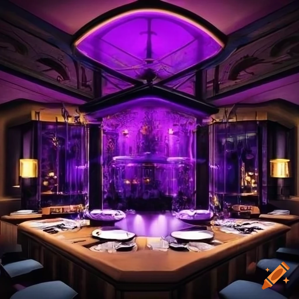 Finedining restaurant area, dark ambient, elegant design, purple