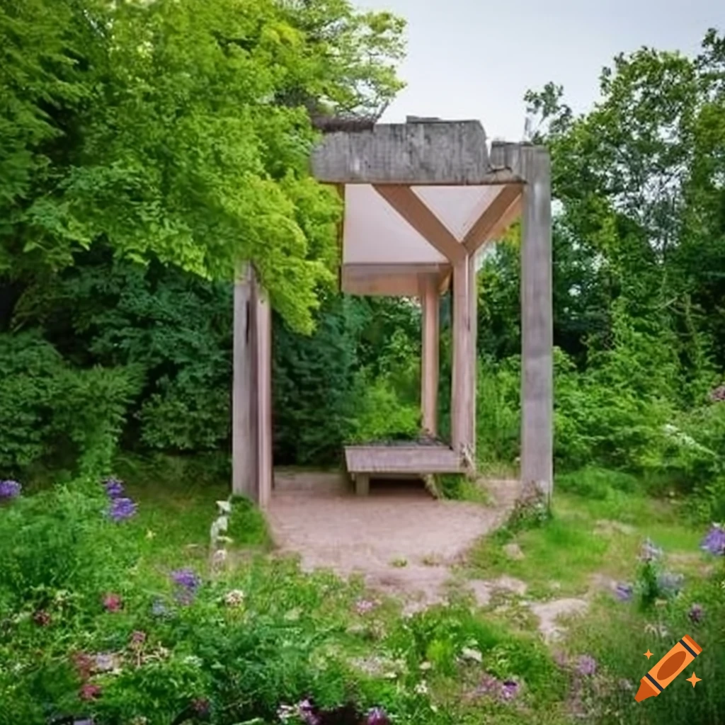 A small modern pavillon for artists in a flower garden inspired by the ...