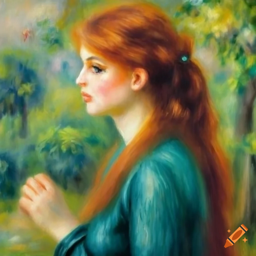 Dreamy summery landscape painting renoir with auburn hair woman in ...