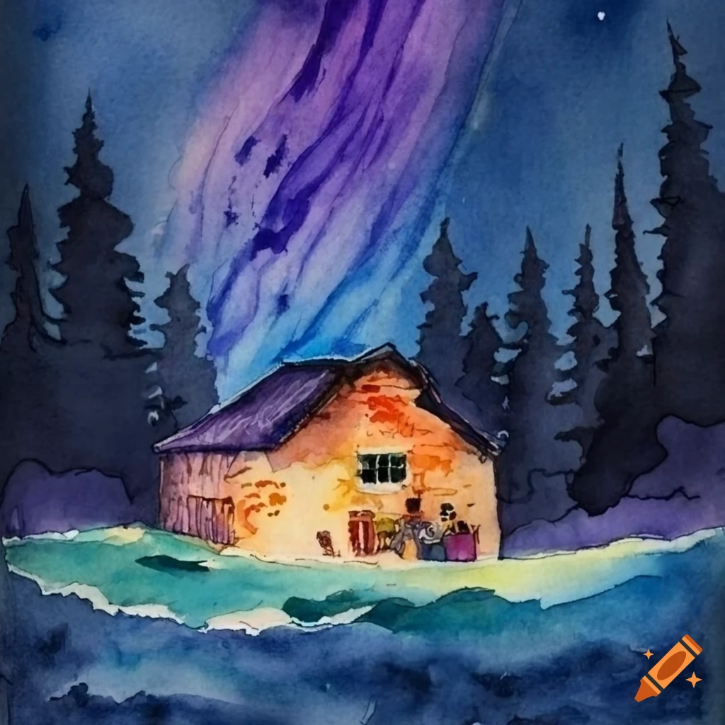 A hut at a starry night sky, watercolor by T.W.Schaller on Craiyon