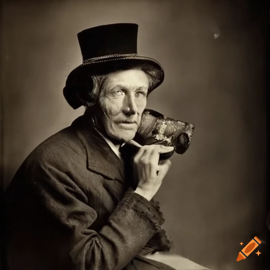 Vintage portrait of a tramp in a ragged top hat