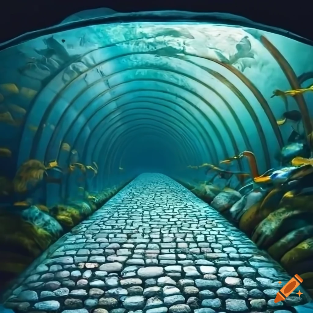 A long underwater tropical tunnel with a arching glass roof and a ...