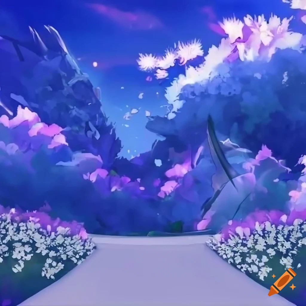 Anime-style world with endless white flowers, blue sky, and surreal  landscapes on Craiyon