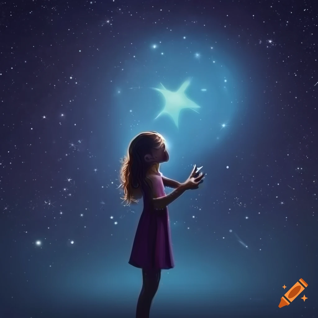 Illustration of a girl holding a star in the night sky on Craiyon