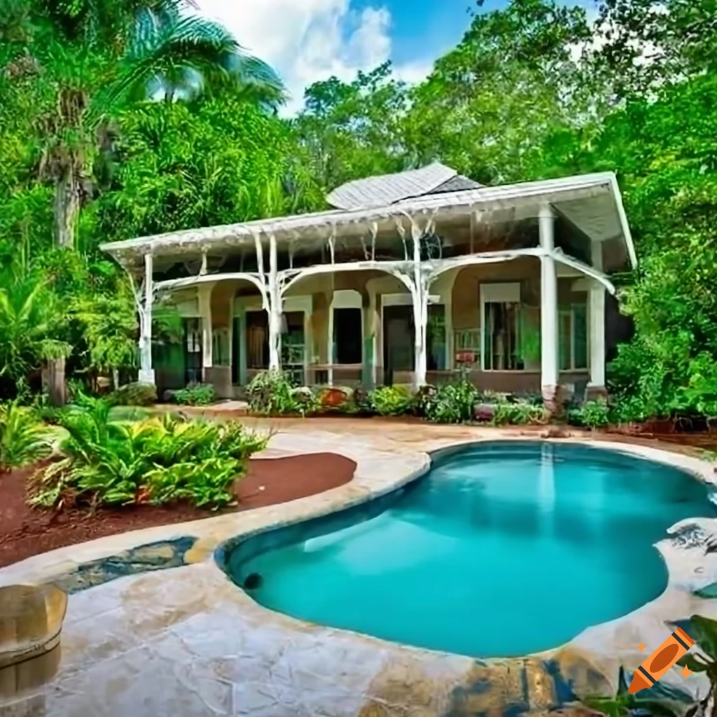 A key west style ranch house, lush tropical landscaping, oak forest and  florida scrub surroundings, pools with waterfalls, big porches and outdoor  living spaces, terraces with fire pits and paths, realistic on, image size:1024x1024