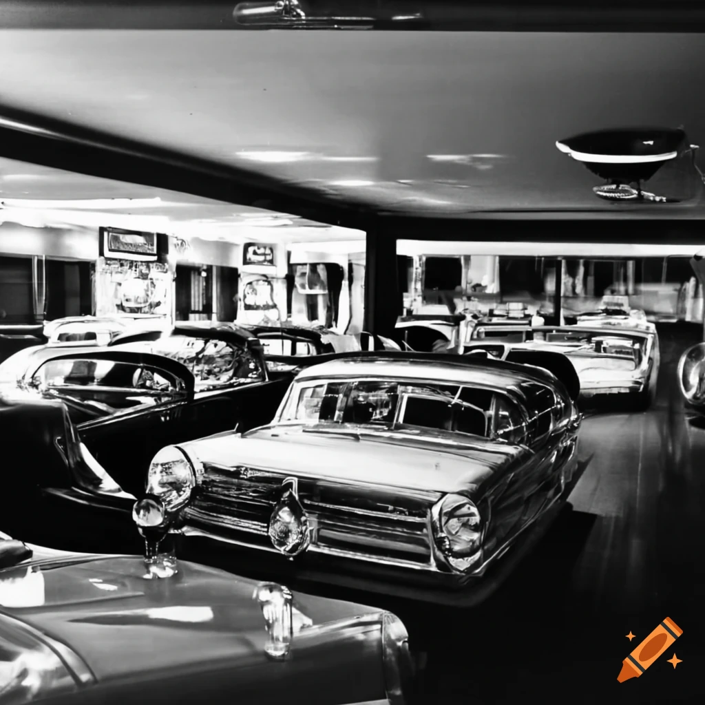 A vintage car dealership interior in the 1960s on Craiyon