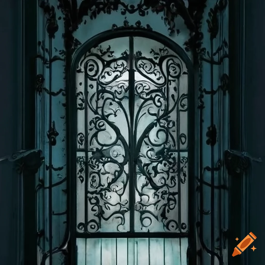Corridor of doors metal victorian floral shaped gate before doors on