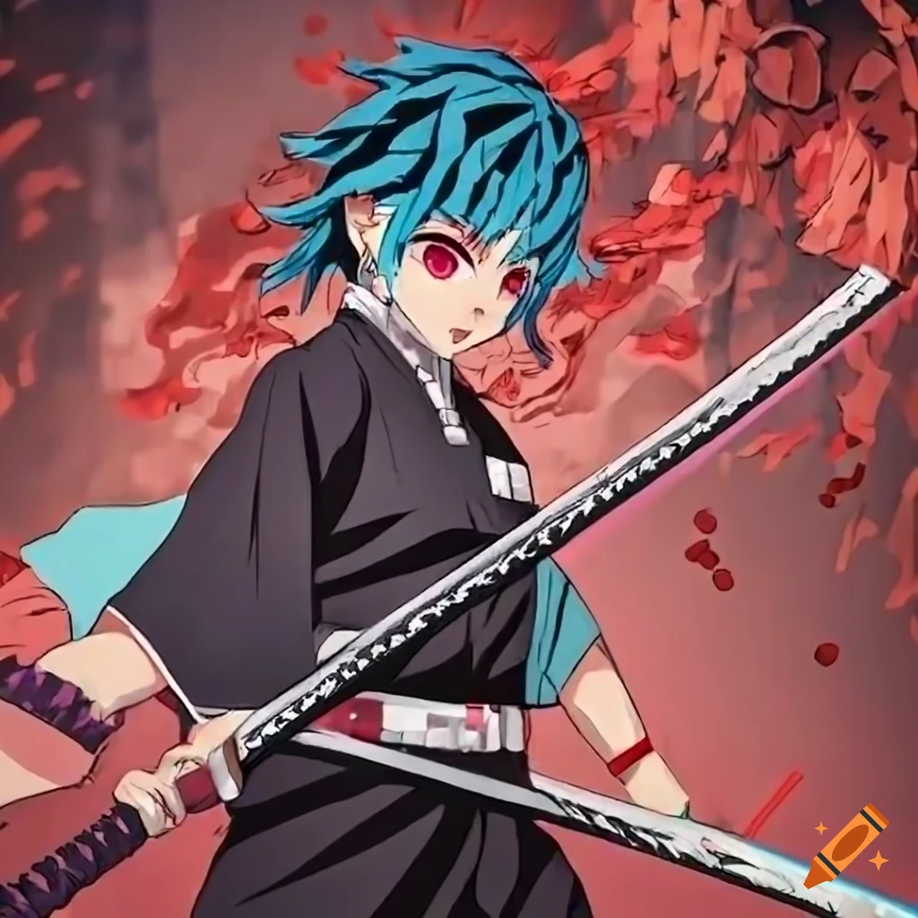 Kimetsu no yaiba demon slayer character with blue hair and red eyes