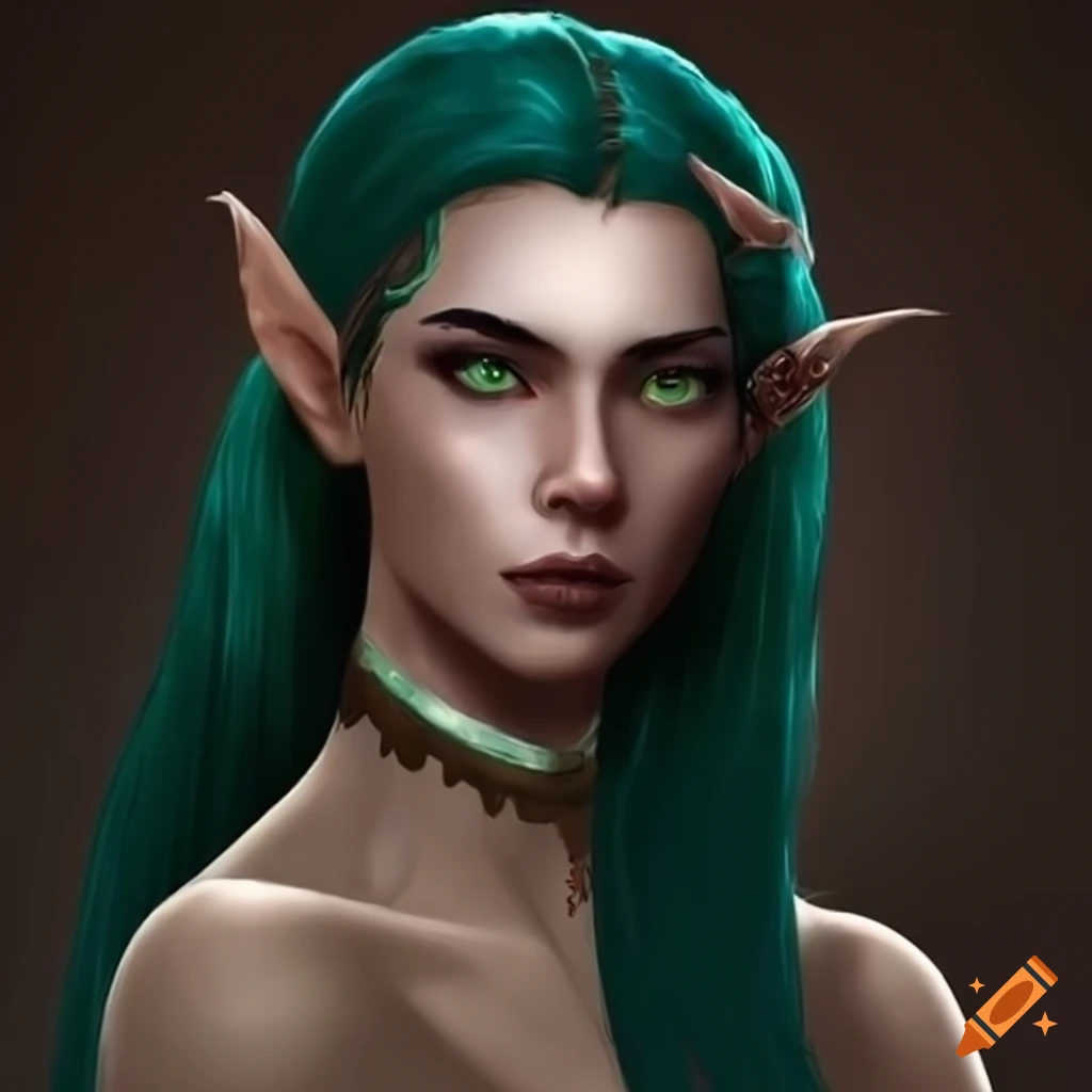 Elf woman with a slender build with dark hair that has green tips at ...
