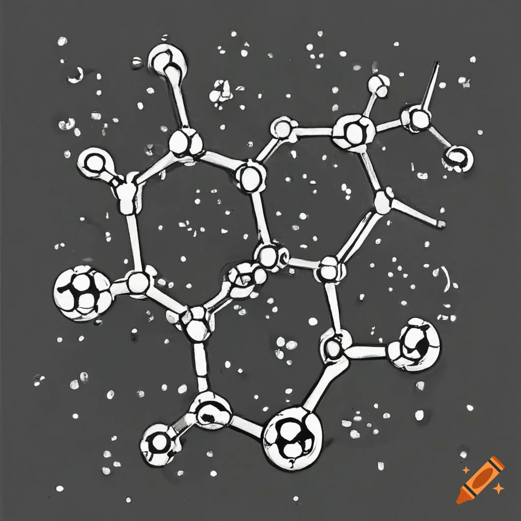 Laboratorium notebook molecular structure in black and white drawn by hand