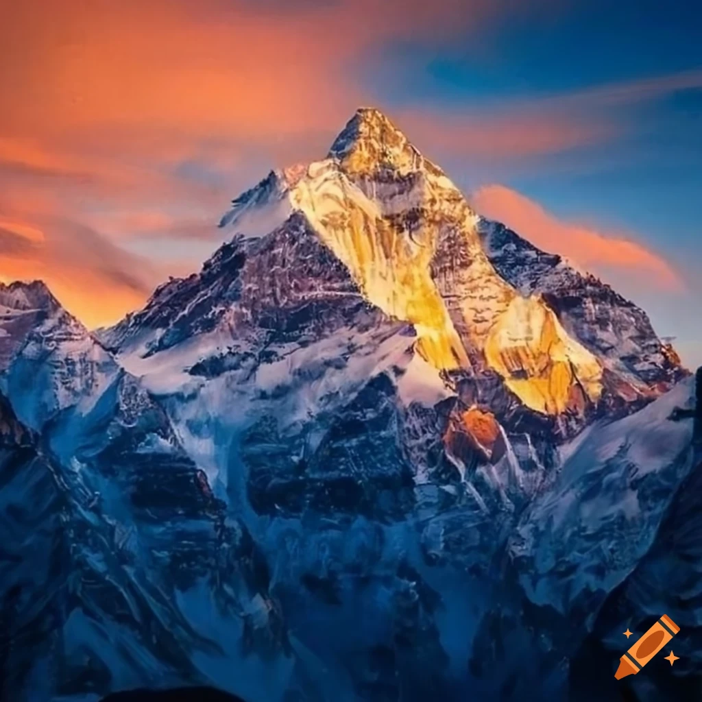Painting of mt everest from hillary's step on a morning with golden ...