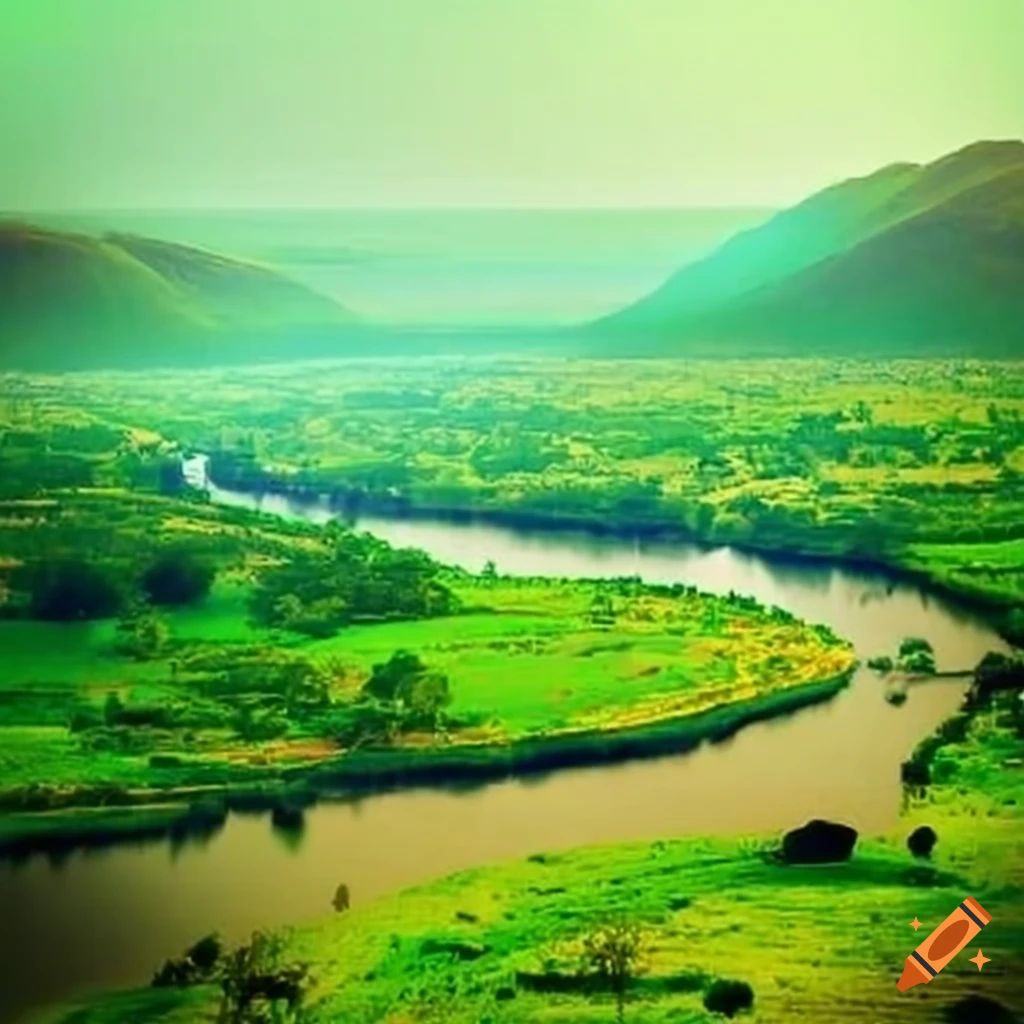 Nile river flowing through green pastures on Craiyon