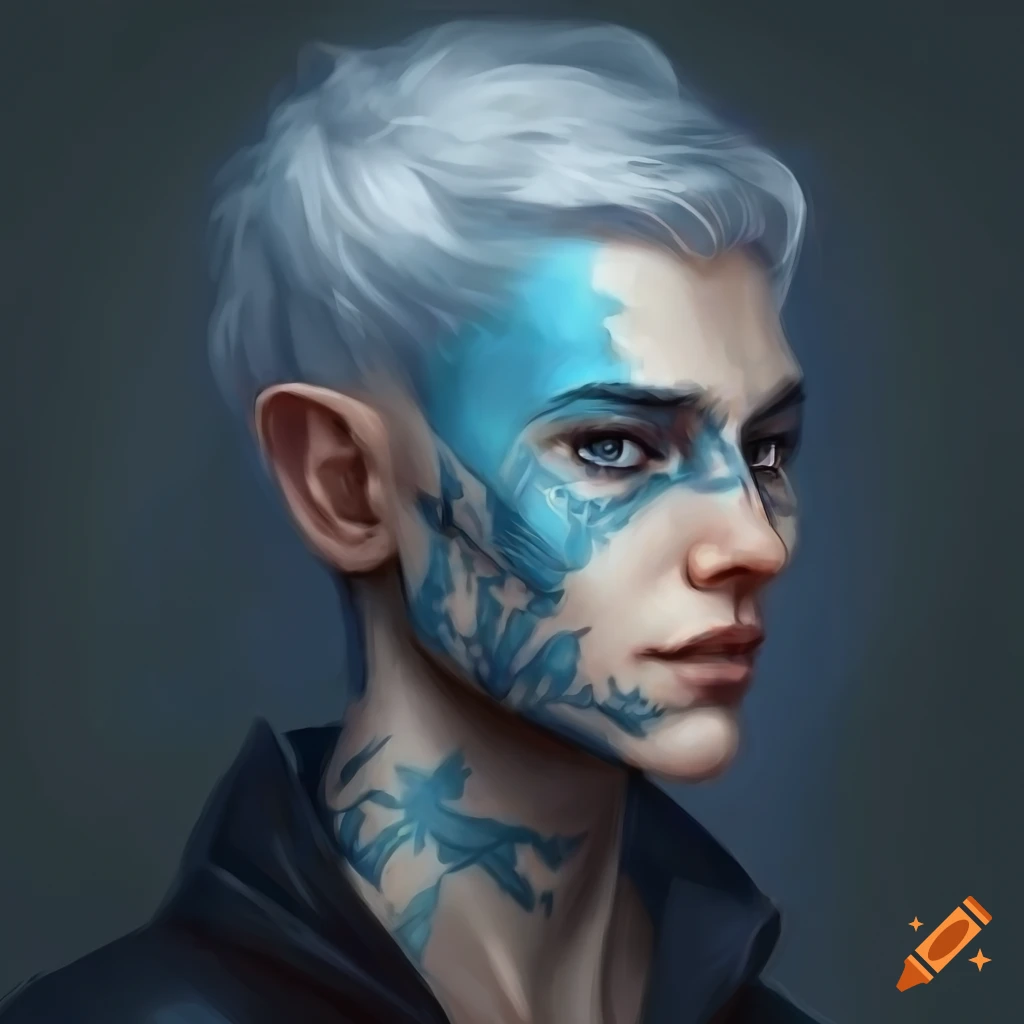 Rpg Character Portrait Fantasy Human Male Pale Skin White Hair Short Hair Blue Tattoo On 7683