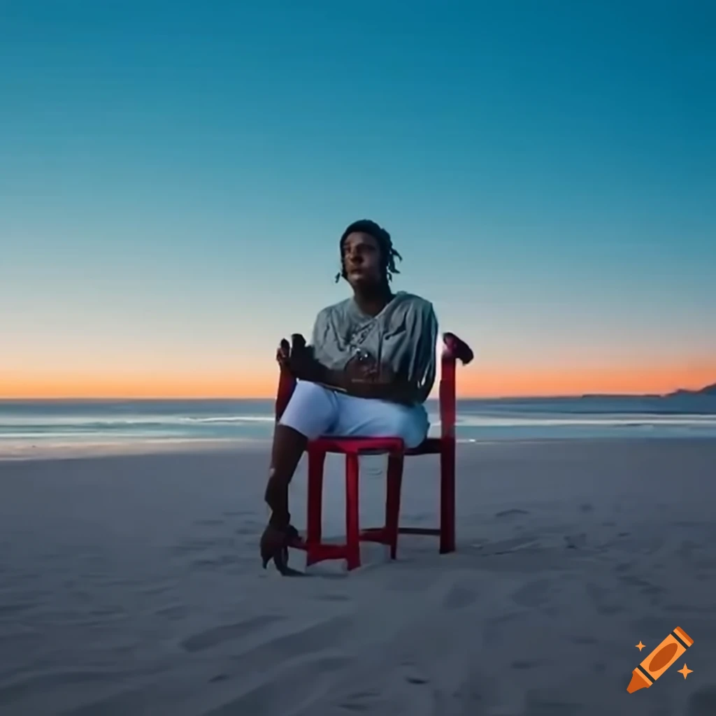 Kendrick lamar on the beach sitting in a chair under an umbrella set in