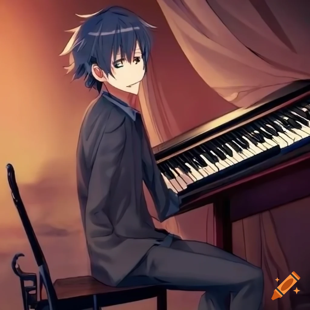 anime girl playing piano. maximalist anime style. 8k...