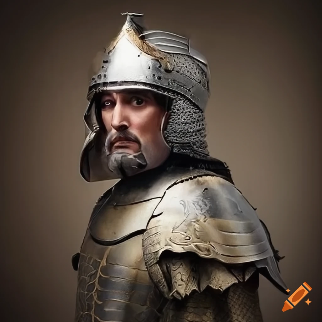 A striking portrait photo of saladin, in his 40s, wearing his armor and