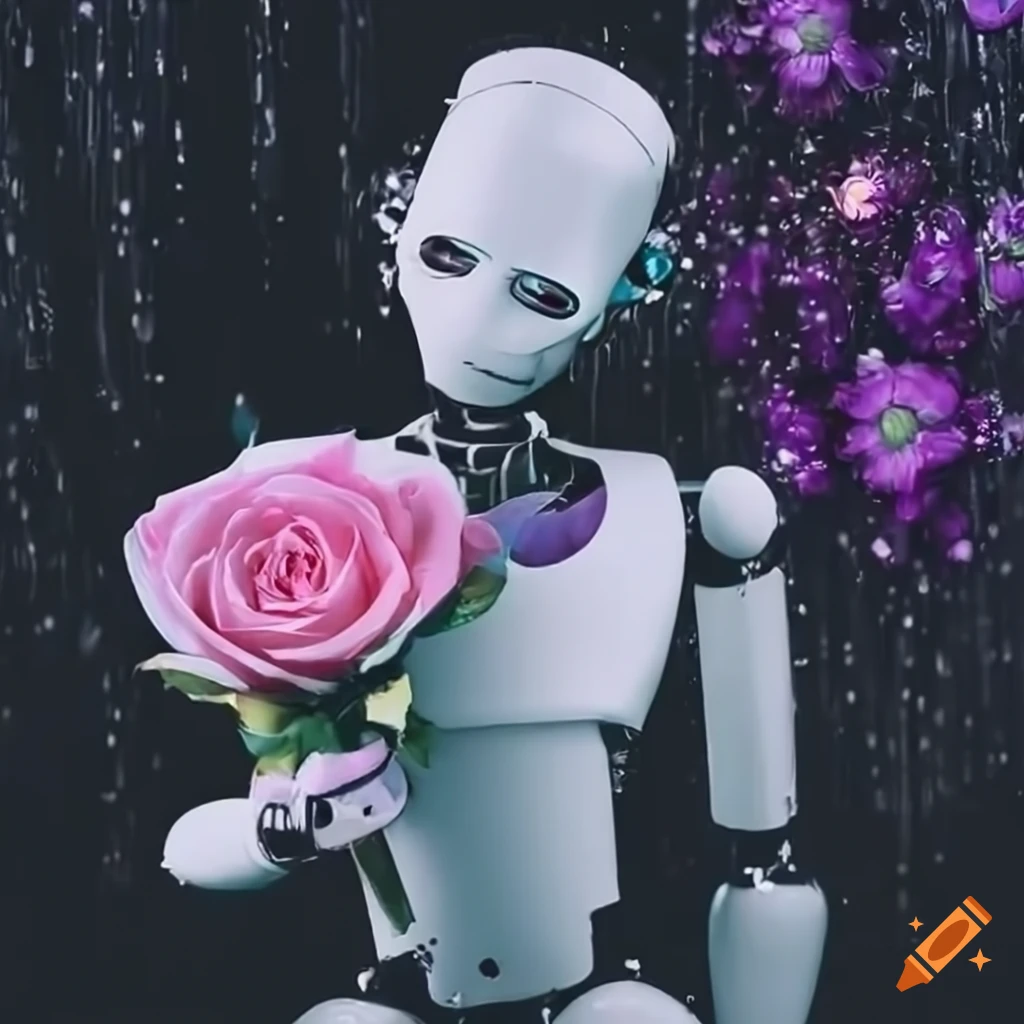 Heartbroken robot holding white roses amidst rain and violet flowers on