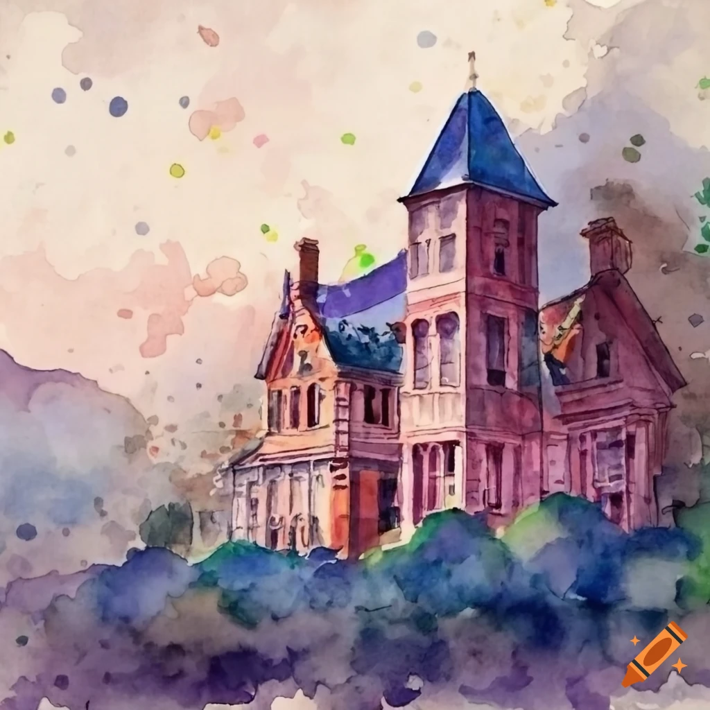 Victorian mansion overlooking british village in a valley watercolor on ...