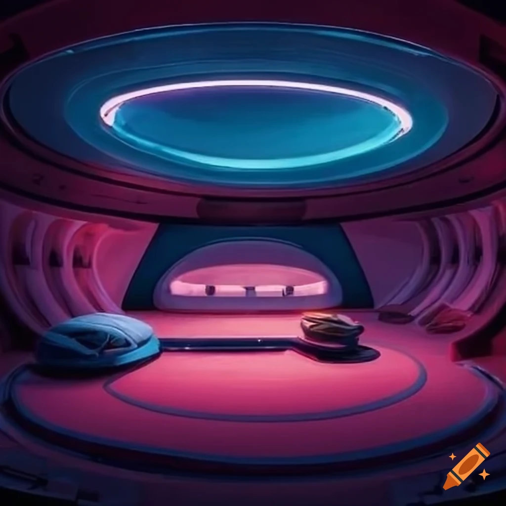 Interior of a living space opera starship's sleeping quarters. The lighting  is pleasant. There is a window out into space on Craiyon, image size:1024x1024