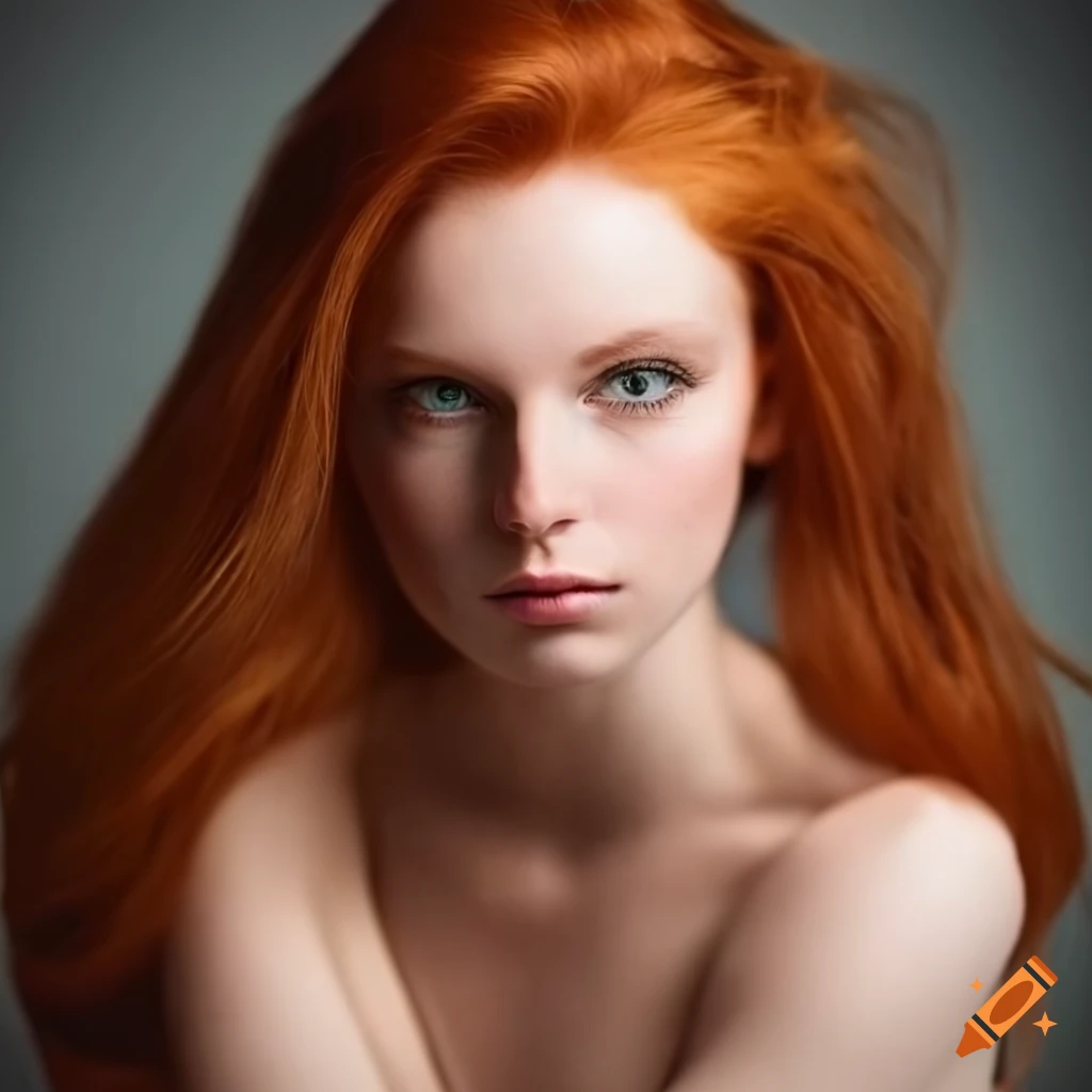 A portrait of a green eyed redhead irish female model on Craiyon