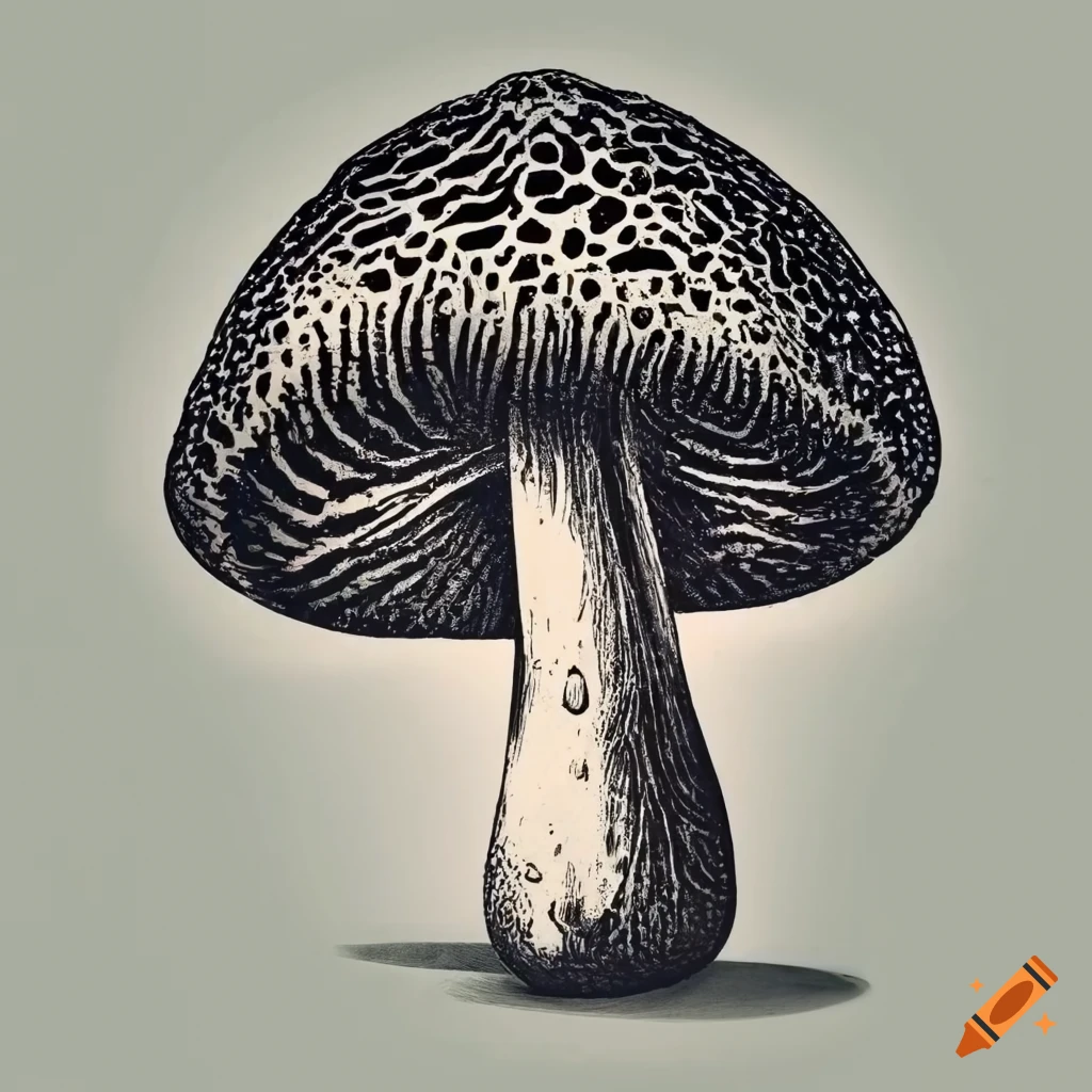 Ink cap mushrooms black inky drops vintage illustrations with white