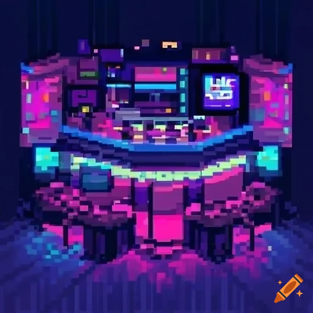 Pixel art of an cyberpunkstyle bar using 3 colors on Craiyon