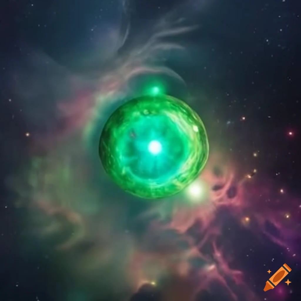 Radiant green orb slightly resembling a biblical angel floating through the cosmos